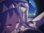  1boy 1girl bar_censor barefoot bed big_hair black_hair breasts censored commentary_request crown dark-skinned_female dark_skin erection feet footjob funen_gomi_m gem green_gem half-closed_eyes hetero highres indoors iris_(pokemon) licking licking_ear long_hair nipples on_bed penis pokemon pokemon_black_2_and_white_2 purple_hair red_eyes saliva short_hair small_breasts thighs toes tongue tongue_out 