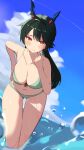  1girl arknights arknights:_endfield babsot bare_arms bare_shoulders bikini blue_sky blush breasts bright_pupils chen_qianyu_(arknights) cleavage clenched_hand closed_mouth cloud collarbone day dragon_horns embarrassed feet_out_of_frame front-tie_bikini_top front-tie_top furrowed_brow green_bikini green_hair grey_eyes hair_between_eyes hand_on_own_hip hand_up highres horns large_breasts leaning_forward legs_together long_hair looking_at_viewer low_ponytail navel outdoors ponytail sky solo spaghetti_strap standing swimsuit thigh_gap wading water water_drop wet 