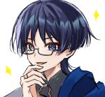 1boy aqua_hair bespectacled black-framed_eyewear black_bodysuit black_hair blue_cape blunt_ends bodysuit cape choppy_bangs commentary_request eyeliner fingernails genshin_impact glasses grey_pupils hand_on_own_chin highres kasakasa816 looking_at_viewer makeup male_focus mandarin_collar middle_ring multicolored_hair open_mouth portrait purple_eyes purple_hair red_eyeliner scaramouche_(genshin_impact) semi-rimless_eyewear shoulder_peek side_cape sketch solo streaked_hair tsurime wanderer_(genshin_impact) white_background 