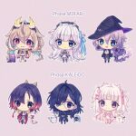  6+girls animal_ears antlers ayase_yuu ayase_yuu_(1st_costume) chibi commentary deer_antlers deer_ears deer_girl detached_wings dog_ears dog_girl dog_tail dragon_claw dragon_girl dragon_horns dragon_tail dragon_wings english_commentary film_grain genieart gram_pico hakushika_iori hakushika_iori_(1st_costume) hebi-san(kannagi_loki) highres horns joshua_(ayase_yuu) kannagi_loki looking_at_viewer merchandise_available multiple_girls phase_connect phase_kaleido pink_background pink_wings red_claws red_tail shisui_michiru shisui_michiru_(michiru_2.0) signature simple_background tail utatane_nasa utatane_nasa_(nasa_2.0) white_tail wings yellow_horns yellow_tail yellow_wings yuunion_(ayase_yuu) 