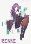  1girl artist_name black_boots black_coat black_pantyhose black_ribbon black_skirt boots character_name coat coat_lift commentary_request cup eiyuu_densetsu full_body grey_background hair_ribbon highres holding holding_cup holding_saucer kuro_no_kiseki_(series) kuro_no_kiseki_ii long_hair long_sleeves looking_at_viewer medium_skirt momoseayuri neck_ribbon one_eye_closed open_clothes open_coat pantyhose parted_bangs purple_hair red_ribbon renne_(eiyuu_densetsu) ribbon saucer simple_background sitting skirt smile solo teacup twitter_username yellow_eyes 
