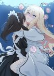  2girls air_bubble apron asphyxiation autoerotic_asphyxiation black_hair blonde_hair blowing_bubbles blue_eyes blush bubble check_translation chestnut_mouth dress drowning female_orgasm floating_hair hair_between_eyes highres hug implied_fingering long_hair looking_up maid maid_apron maid_headdress minagi_yuhiro multiple_girls nose_blush open_mouth orgasm original parted_bangs translation_request underwater white_dress yuri 