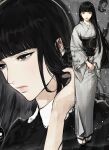  1girl black_eyes black_hair closed_mouth expressionless full_body highres hime_cut japanese_clothes kimono long_hair long_sleeves looking_at_viewer multiple_views obi original own_hands_together pipopubebu sandals sash socks standing white_kimono 
