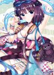  1girl arm_up armpits bare_shoulders beads bikini blue_eyes blush bracelet breasts cleavage closed_mouth collarbone commentary eyewear_on_head fate/grand_order fate_(series) floral_print flower food goggles goggles_on_head hair_flower hair_ornament holding holding_food jewelry katsushika_hokusai_(fate) katsushika_hokusai_(swimsuit_saber)_(fate) long_hair looking_at_viewer low_twintails medium_breasts octopus popsicle purple_hair rinringyo sidelocks swimsuit twintails water waves white_bikini 