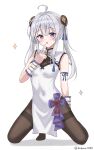  1girl absurdres ahoge arm_behind_back arm_ribbon bare_arms black_bodystocking black_pantyhose breasts china_dress chinese_clothes commentary_request covered_navel dress elaina_(majo_no_tabitabi) grey_hair hair_between_eyes hand_on_own_face highres k2_(kazu1030) kneeling long_hair looking_at_viewer majo_no_tabitabi open_mouth pantyhose purple_eyes purple_ribbon ribbon simple_background small_breasts solo star_(symbol) thighband_bodystocking thighband_pantyhose thighs twintails twitter_username white_background white_dress white_wrist_cuffs wrist_cuffs 