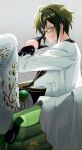  1boy absurdres black_gloves closed_mouth commentary_request from_side gem glasses gloves green_eyes green_gem green_hair highres idolish7 jacket looking_at_viewer male_focus nikaido_yamato pants rectangular_eyewear short_hair sitting smile solo uparupya white_jacket white_pants 