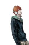  1boy bleach brown_eyes brown_pants closed_mouth from_side hands_in_pockets headphones high_collar highres hood hood_down hooded_jacket jacket kurosaki_ichigo looking_at_viewer looking_to_the_side male_focus orange_hair pants pocket short_hair simple_background solo spiked_hair sso_s sweater_under_jacket white_background zipper_pull_tab 