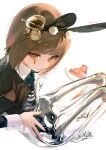  1girl absurdres ame929 animal_ear_hairband animal_ears barefoot black_bow black_bowtie black_hairband black_jacket bone bow bowtie breasts brown_eyes brown_hair cake cake_slice coffee commentary_request cup_hair_ornament fake_animal_ears feet food from_side hair_ornament hairband hand_on_own_hip heart heart-shaped_pupils highres jacket long_sleeves looking_at_viewer mismatched_pupils open_clothes open_jacket original parted_lips plate pocket_watch pom_pom_(clothes) pom_pom_hair_ornament rabbit_ear_hairband rabbit_ears ribs see-through_body short_hair signature single_spiral_eye skeleton small_breasts solo spoon sweat symbol-shaped_pupils watch white_background 