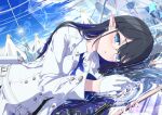  1girl belt black_hair blue_archive blue_eyeliner blue_eyes blue_hair blue_halo blue_necktie blue_sky breasts cloud collared_dress colored_inner_hair commentary_request dress earrings elf eyeliner glasses gloves halo highres jacket jewelry kivotos large_breasts long_hair looking_at_viewer lying makeup miyako_0 multicolored_hair necktie on_side outdoors paper parted_lips pen pointy_ears reflection reflective_liquid rimless_eyewear rin_(blue_archive) ring_of_light_(blue_archive) sky solo transparent transparent_umbrella two-tone_hair umbrella white_belt white_dress white_gloves white_jacket 