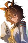  1girl absurdres agnes_tachyon_(tach-nology)_(umamusume) agnes_tachyon_(umamusume) ahoge animal_ears black_necktie breasts brown_hair coat earrings hair_between_eyes highres horse_ears horse_girl jewelry lab_coat long_sleeves necktie open_mouth red_eyes shirt short_necktie simple_background single_earring sleeves_past_fingers sleeves_past_wrists smile solo sweater umamusume upper_body white_background white_coat xed_11z yellow_sweater 