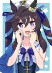  1girl anchor_necklace anchor_ornament animal_ears beret blue_cape blue_one-piece_swimsuit blue_ribbon blush breasts brown_hair cape commentary_request ear_covers hair_between_eyes hat highres horse_ears horse_girl jewelry long_hair looking_at_viewer mgr3na2sup_6 mole mole_under_eye multicolored_hair necklace one-piece_swimsuit open_mouth ribbon sailor_collar shirt single_ear_cover smile solo star_(symbol) streaked_hair swimsuit swimsuit_under_clothes twintails umamusume vivlos_(umamusume) vivlos_(voyage_etincelant)_(umamusume) white_hat white_sailor_collar white_shirt 