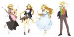 1boy 1girl :d absurdres ahoge alaeloga106 apron bag black_jacket black_shoes black_skirt black_sleeves blonde_hair bow bowtie braid breasts brown_pants brown_shoes brown_sweater character_and_genderswap cleavage closed_eyes closed_mouth clothes_pull collared_shirt commentary_request deltarune dress dress_pull floral_print flowery_(deltarune) full_body genderswap genderswap_(mtf) glint grey_skirt highres holding holding_bag holding_ladle holding_spoon jacket jacket_on_shoulders korean_commentary ladle leaning leaning_back leg_up long_hair medium_breasts pants pink_apron pink_sleeves pink_slippers pleated_skirt red_bow red_bowtie school_uniform shirt shoes short_hair simple_background skirt slippers smile socks spoon sweater teeth twin_braids two-tone_vest upper_teeth_only utdr_(toby_fox) white_background white_dress white_shirt white_shoes white_socks 