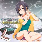  1girl album_cover antenna_hair bare_legs barefoot black_hair bracelet copyright_name cover earrings green_tank_top heart heart_earrings highres holding holding_earrings holding_jewelry idolmaster idolmaster_(classic) idolmaster_one_for_all jewelry kikuchi_makoto official_art open_clothes open_shirt parted_lips pink_shorts purple_eyes see-through_clothes see-through_shirt shirt shoe_box shoes short_hair shorts sitting solo tank_top third-party_source toes unworn_shoes yellow_shirt 