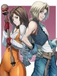  1boy 1girl 5tatsu aqua_ribbon artist_name belt blonde_hair blue_eyes blue_pants blue_vest blue_wrist_cuffs bodysuit border breasts brown_belt brown_eyes brown_hair closed_mouth cowboy_shot cropped_vest final_fantasy final_fantasy_ix garnet_til_alexandros_xvii gloves grey_gloves hair_ornament hairclip hand_on_own_hip highres holding holding_staff juliet_sleeves long_hair long_sleeves looking_at_viewer low-tied_long_hair low_ponytail medium_breasts neck_ribbon orange_bodysuit pants parted_bangs parted_lips pink_background ponytail puffy_sleeves red_gloves ribbon shirt sleeveless sleeveless_shirt smile staff teeth vest white_border white_shirt wrist_cuffs zidane_tribal 