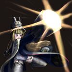  1girl absurdres black_background blonde_hair blue_jacket blush commentary firing garter_straps gloves grey_hat grey_helmet hat helmet highres jacket large_hat logs_77ir long_hair norma_hollowell open_mouth purple_eyes shako_cap simple_background solo thighhighs untranslatable_commentary very_long_hair white_garter_straps white_gloves white_thighhighs zenless_zone_zero 