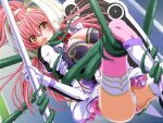  1girl 2000s_(style) :o bdsm blush bondage boots bound breasts cleavage day en_ciel_rena game_asset gloves grabbed_by_tentacles holding holding_polearm holding_shield holding_weapon kourin_tenshi_en_ciel_rena large_breasts long_hair non-web_source official_art open_mouth outdoors panties pantyshot pink_hair pink_thighhighs plant pole polearm saitou_natsuki self-datamine shield skirt solo tentacles thighhighs thorns tomoe_rena underwear upskirt variant_set vines visual_novel_cg weapon white_panties yellow_eyes 