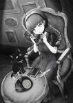  1girl 1other :o absurdres antique_phone artist_name black_cat black_dress black_hairband book bookmark braid carpet cat chair collar collared_dress colored_inner_animal_ears diary dress expressionless finger_to_own_chin foreshortening from_above full_body greyscale hair_tie hairband hamlet_(schrodinger's_call) hands_up hatching_(texture) highres holding holding_phone indoors linear_hatching lock long_hair long_skirt looking_at_viewer mary_(schrodinger's_call) monochrome necklock no_mouth on_chair on_table open_mouth parted_lips phone portrait_(object) quill round_table schrodinger's_call sideways_glance skirt slit_pupils snout table totouri twin_braids whiskers 