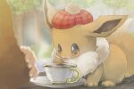  animal_focus brown_eyes cup eevee hat out_of_frame outdoors paro_(sorageshiki) plate pokemon pokemon_(creature) red_hat signature solo_focus tea teacup tongue tongue_out 
