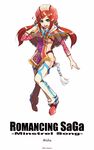  2005 ahoge aisha_(saga) breasts chaps character_name copyright_name green_eyes happy hat long_hair medium_breasts naked_tabard panties red_hair red_panties romancing_saga romancing_saga_minstrel_song saga sideboob solo tabard twintails underwear weshica white_background 