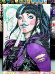  1boy 1girl 2020 barbell_piercing black_hair black_shirt blue_lips blue_streaks breasts cleavage clown_makeup commentary dc_comics ear_piercing english_commentary high_ponytail highres holding holding_knife industrial_piercing joker_(dc) knife large_breasts long_hair looking_at_viewer makeup marker_(medium) multicolored_hair photo_(medium) piercing ponytail punchline_(dc) purple_bodystocking shirt signature simple_background sleeveless stanley_lau streaked_hair traditional_media 