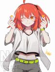  1girl ahoge belt black_scrunchie commentary double_finger_heart fate/grand_order fate_(series) finger_heart fujimaru_ritsuka_(female) fujimaru_ritsuka_(female)_(summer_street) green_belt grey_shorts hair_ornament hair_scrunchie highres jacket kimidorix32 medium_hair navel one_eye_closed orange_hair scrunchie shirt shorts smile solo white_jacket 