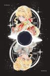  1girl astronaut black_background black_hole blonde_hair blue_eyes braid braided_bangs braided_base bun_with_braided_base cloak hair_bun hand_up highres hosanrixia kiperina long_hair low_ponytail multiple_views neckerchief ponytail red_cloak red_neckerchief reverse:1999 rotational_symmetry short_hair spacesuit sparkle 