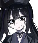  1girl absurdres black_choker black_dress black_eyes black_hair black_hat black_tears choker commentary crying crying_with_eyes_open dress goggles goggles_on_headwear hat heart highres kanpatia_no kurobe_nanoka long_hair mahou_shoujo_no_majo_saiban makeup portrait runny_makeup simple_background solo spoilers spoken_heart tears twintails untranslatable_commentary white_background witch_(manosaba) 