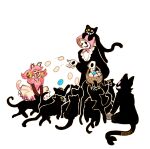  1boy 1girl absurdres animal_ears animal_on_head bandana basket bell cat cat_ears cat_girl cat_mike_(deltarune) cat_on_head cat_tail colored_sclera commentary deltarune egg english_commentary friend_(deltarune) hair_bell hair_ornament highres holding holding_basket ink-ami mad_mew_mew on_head pink_bandana pink_sclera pipis_(deltarune) shadowguy_(deltarune) signature stigmata tail twintails utdr_(toby_fox) w.d._gaster yellow_sclera 