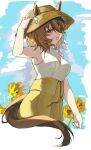  1girl :d agnes_tachyon_(umamusume) alternate_costume animal_ears blue_sky brown_hair casual chemical_structure commentary_request cropped_legs dot_nose earrings ears_through_headwear field flower flower_field hair_between_eyes hand_on_headwear hat horse_ears horse_girl horse_tail jewelry light_blush looking_at_viewer medium_hair open_mouth pants red_eyes shirt single_earring sky skyk57milk sleeveless smile solo straw_hat sunflower sunflower_field tail umamusume white_shirt yellow_pants 