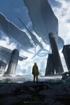  1girl absurdly_long_hair absurdres aircraft airship asteroid_ill blonde_hair blue_sky building city cloud cloudy_sky day english_text from_behind grass highres iris_(asteroid_ill) long_hair neon_trim original outdoors overgrown post-apocalypse ruins scenery science_fiction sky skyscraper solo standing very_long_hair wide_shot 