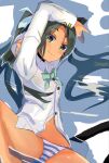  1girl black_hair bow derotto francesca_lucchini green_eyes highres jacket long_hair looking_at_viewer military_uniform navel no_pants on_water panties solo spread_legs strike_witches striped_clothes striped_panties underwear water white_jacket world_witches_series 