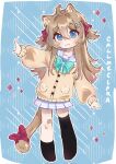  1girl ahoge animal_ear_fluff animal_ears aqua_bow artist_name asymmetrical_legwear bandaid bandaid_on_knee bandaid_on_leg blue_background blue_eyes blue_sailor_collar blue_skirt blush bow brown_hair brown_jacket cailmeclara cat_ears cat_girl cat_tail closed_mouth commentary english_commentary eyelashes full_body hair_between_eyes hair_ornament hair_ribbon hairclip heart heart_hair_ornament highres jacket kemonomimi_mode long_hair miniskirt neuro-sama outline red_bow red_ribbon ribbon sailor_collar skirt smile solo tail tail_bow tail_ornament two_side_up vedal_ai virtual_youtuber white_background white_outline 