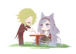  1girl 1other alternate_costume animal_ears arknights asymmetrical_bangs black_hairband black_pants blue_eyes blue_hair cat_ears cat_girl chair chibi chibi_only chinese_commentary closed_eyes cup dress elloy_(ajhz2533) eyelashes gloves golding_(arknights) grass green_dress green_eyes hairband highres holding holding_teapot long_hair looking_at_another on_chair pants pouring shirt short_hair sitting smile solo standing table tailcoat teacup teapot the_damazti_cluster_(arknights) white_gloves white_shirt 