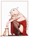  1girl animal animal_ears artist_name bare_arms bare_shoulders black_horns black_thighhighs breasts cat chui_art closed_mouth commentary cozetta_(chui_art) curtained_hair dress english_commentary from_side goat_ears goat_girl goat_horns goat_tail half-closed_eyes hand_on_own_arm heart high_heels highres horns inset_border large_breasts legs_folded light_blush long_hair looking_at_animal looking_down mole mole_on_breast original petting poking pumps red_dress red_eyes red_shoes ribbed_dress shoes smile solo squatting strapless strapless_dress tail thighhighs very_long_hair white_background white_hair 