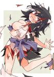  1girl absurdres ass back_bow black_hair blue_bow blush bow breasts brown_sandals chest_sarashi cleavage commentary_request cone_horns defeat dress embarrassed grey_horns highres horns kijin_seija large_breasts looking_at_viewer minoru_minoru multicolored_hair nipples open_mouth red_eyes red_streaks sandals sarashi short_sleeves small_horns solo streaked_hair sweat torn_clothes torn_dress touhou white_streaks 