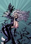  404_ikasaurus absurdres alien black_cat_(marvel) black_lips breasts cleavage corruption dark_persona english_commentary evil_smile felicia_hardy green_eyes highres large_breasts lipstick long_hair makeup marvel open_mouth possessed slit_pupils smile spider-man_(series) symbiote tentacles venom_(marvel) 
