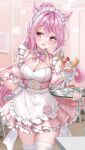  1girl ahoge animal_ears apron blush bow bowtie breasts cat_ears cat_girl cat_tail cleavage collarbone commentary_request cup detached_sleeves dress erin_(sherryseraph) fang food frilled_apron frills fruit hair_ornament hairclip heart heart-shaped_gem heart_hair_ornament high_ponytail highres holding holding_tray indoors large_breasts long_hair looking_to_the_side maid_apron maid_headdress name_tag open_mouth original parfait pink_bow pink_bowtie pink_dress pink_eyes pink_hair pink_lips pink_sleeves pink_tail pink_wrist_cuffs ponytail smile solo star_(symbol) star_hair_ornament strawberry tail teeth thighhighs thighs tray upper_teeth_only waist_apron white_apron white_thighhighs wrist_cuffs 