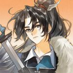  1boy black_hair blue_eyes cheng_heguang closed_mouth feather_boa holding holding_sword holding_weapon looking_at_viewer male_focus mole mole_on_nose momo_(charfantasia) orange_background ponytail portrait reverse:1999 sheath solo sword unsheathing weapon 