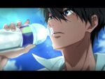  1boy black_hair blue_eyes bottle close-up commentary_request day fingernails free! hair_between_eyes hand_up highres holding holding_bottle letterboxed male_focus nanase_haruka_(free!) short_hair signature sky solo sweat teeth upper_teeth_only water_bottle yaeta_(t923) 