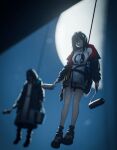  1girl 1other absurdres ambiguous_gender arknights birdscarf black_coat black_hair black_jacket bucket canon_event closure_(arknights) coat commentary doctor_(arknights) english_commentary full_moon glowing glowing_eyes hanging highres holding holding_bucket holding_paint_roller hood hooded_coat jacket mask moon night open_clothes open_coat open_jacket paint_roller pointy_ears red_eyes robe rope shirt shoes t-shirt two-sided_fabric two-sided_jacket white_robe white_shirt 