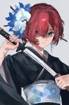  1girl absurdres asymmetrical_bangs black_kimono blue_eyes blue_flower blue_sash cang_lu chinese_commentary commentary diffraction_spikes eyes_in_shadow floral_print_sash flower grey_background hair_flower hair_ornament hair_over_one_eye hair_stick highres holding holding_sword holding_weapon iris_(flower) japanese_clothes katana kimono looking_at_viewer print_sash red_eyes red_hair reverse:1999 sash sheath short_hair simple_background solo sword unsheathing upper_body weapon wide_sleeves yenisei_(reverse:1999) 
