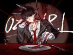  1boy animal_ear_piercing animal_ears blue_eyes cannibalism copyright_name cup desk dress_shirt drinking_glass ear_piercing eating eyeball fork gloves j-core jacket knife ozigiri piercing plate rabbit_ears schlieff3n shirt smile solo string string_of_fate suicide suit_jacket upper_body white_gloves wine_glass 
