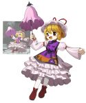  1girl blonde_hair commentary_request derivative_work dress full_body hat hat_ribbon highres holding holding_umbrella long_sleeves mob_cap official_art_inset official_art_redraw open_mouth parasol pink_dress pink_hat pink_umbrella purple_tabard red_ribbon reference_inset ribbon simple_background smile solo sprite_redraw tabard touhou umbrella white_background yakumo_yukari yamadainari yellow_eyes 