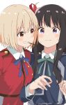  2girls black_hair blonde_hair blue_dress blue_ribbon blush closed_mouth commentary_request dress food food_in_mouth green_ribbon grin hair_ribbon highres inoue_takina long_hair lycoris_recoil lycoris_uniform maho_ron1 multiple_girls neck_ribbon nishikigi_chisato pocky pocky_in_mouth purple_eyes red_dress red_eyes red_ribbon ribbon short_hair simple_background smile sweat white_background yuri 