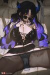  1girl asymmetrical_horns black_bustier black_hair black_pantyhose black_skirt blue_hair breasts bustier cameltoe car_interior cleavage clothes_pull colored_inner_hair commentary condom condom_wrapper detached_sleeves english_commentary fishnet_sleeves fishnets flower greatodoggo hair_in_own_mouth hand_in_pantyhose highres hololive hololive_english horn_flower horns large_breasts long_hair looking_at_viewer lying miniskirt mole mole_under_eye multicolored_hair navel nerissa_ravencroft on_back panties panty_pull pantyhose pantyhose_pull pleated_skirt presenting_own_body purple_eyes sidelocks skirt solo spread_legs sunglasses underwear uneven_horns very_long_hair virtual_youtuber white_panties 