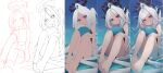  1girl ahoge aicila.s balloon bare_legs bare_shoulders barefoot black_halo black_one-piece_swimsuit blue_archive blush commentary demon_girl demon_horns doodle_sensei_(blue_archive) halo highres hina_(blue_archive) hina_(swimsuit)_(blue_archive) horns hugging_object long_hair looking_at_viewer making-of monochrome old_school_swimsuit one-piece_swimsuit painttool_sai_(medium) parted_bangs pink_eyes purple_eyes school_swimsuit sensei_(blue_archive) sitting sketch swimsuit very_long_hair water_balloon white_hair 