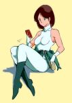  1980s_(style) 1girl aeug armpits artist_name belt bodysuit boots breasts brown_hair cellphone commentary_request cup dated drinking_straw emma_sheen gloves green_bodysuit green_eyes green_tunic gundam highres holding holding_cup holding_phone kitazume_hiroyuki_(style) military military_uniform pgmajimaji phone retro_artstyle science_fiction short_hair sitting sleeveless sleeveless_bodysuit sleeveless_turtleneck smartphone solo tunic turtleneck unworn_clothes zeta_gundam 