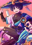  1boy absurdres bazukat_art belt blue_hat blue_jingasa blue_kimono brown_shorts fingerless_gloves genshin_impact gloves hair_between_eyes hat highres japanese_clothes jewelry jingasa kimono male_focus necklace open_mouth purple_belt purple_eyes purple_hair scaramouche_(genshin_impact) short_hair shorts sleeveless solo star_(sky) teeth upper_body upper_teeth_only vision_(genshin_impact) wanderer_(genshin_impact) white_kimono 