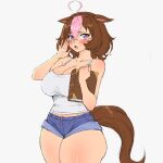  1girl @_@ absurdres adjusting_eyewear alternate_costume animal_ears bare_shoulders bespectacled blue_shorts blush book breasts brown_hair camisole cleavage commentary commission cowboy_shot denim denim_shorts english_commentary glasses hair_between_eyes highres holding holding_book horse_ears horse_girl horse_tail large_breasts medium_hair meisho_doto_(umamusume) multicolored_hair open_mouth pink_hair purple_eyes short_shorts shorts simmsy solo spaghetti_strap tail thighs two-tone_hair umamusume white_background white_camisole 