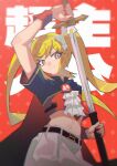  1girl alternate_eye_color alternate_hair_color ascot belt blonde_hair cape choushujinnkou_(vocaloid) crop_top egh_(ssquan) grey_skirt hatsune_miku highres holding holding_sheath holding_sword holding_weapon midriff patterned_background red_background red_eyes red_wrist_cuffs ribbon scabbard sheath skirt solo song_name sword twintails two-tone_shirt unsheathing vocaloid weapon white_ribbon wrist_cuffs 